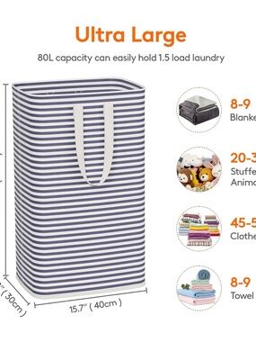 Striped Navy & White Large Laundry Storage Basket Tote